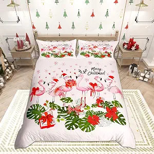 Merry Christmas Bedding Set Queen Size,Pink Flamingo Cartoon Bird Animal Duvet Cover Set for Children Adult,Winter Snowflake Green Leaves Soft Comforter Cover for Dorm Room, Zipper, Ties