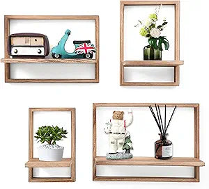 PHOENANCEE Square Floating Shelves,Framed Wall Shelf Decorative Set of 4,Modern Plants Hanging Display Art Decor Storage for Livingroom Bedroom Bathroom Farmhouse,Home Light Wood,Carbonized Black