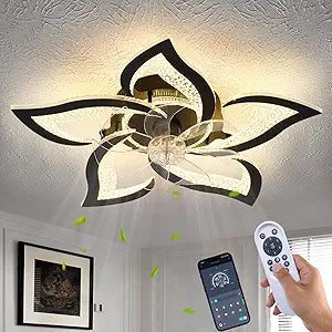 27" Black Geometric Ceiling Fan Lights with Remote, 6 Speeds Adjustable Low Profile Flush Mount Ceiling Fan with Light for Kitchen Bedroom