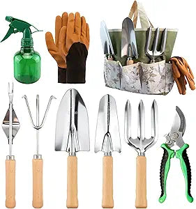 BlingKingdom 9-Piece Garden Tools Set, Stainless Steel Gardening Hand Tool Kit with Tote Bag Easy Storage Perfect Gardening Gifts for Beginners, Women and Men