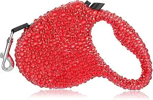 Sparkling Retractable Dog Leash,Rhinestone Pet Walking Leash for Small Dog Cat Puppy,Red Bling Diamond,Durable 16 ft Strong Nylon Tape,360Tangle-Free,One-Handed Brake, Pause, Lock