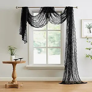 Black Window Scarf 288 Inches Long. Lace Window Scarf for Goth Decor or Victorian Decor. Can Be Used as Bed Canopy Curtains or Lace Fabric. LE Black 288