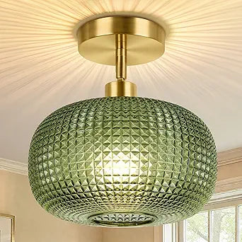 ROTTOGOON Semi Flush Mount Ceiling Light, Adjustable Hanging Gold Sloped Ceiling Lights with Green Glass Shade Vintage Hallway Light Fixtures for Kitchen Bathroom Entryway Bedroom (Bulb Not Included)