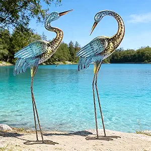Natelf Garden Crane Statues Outdoor, Standing Blue Heron Decoy Sculptures, Metal Bird Yard Art for Lawn Patio Backyard Decoration(Set of 2)
