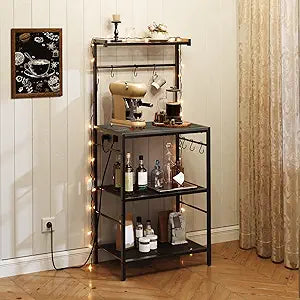 MAHANCRIS Bakers Rack with Power Outlet, Kitchen Storage Shelf with 6 Hooks, Microwave Stand with Storage, 4-Tier Coffee Bar Station, for Kitchen, Dining Room, Charcoal Gray and Black BRHT35E01N1