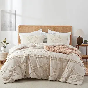 Oli Anderson Queen Comforter Set, Oatmeal Tufted Boho Bedding Comforter Sets, 3 Pieces All Season Fluffy Comforter with 2 Pillowcases (Oatmeal, Queen)