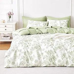 Wake In Cloud - Floral Comforter Set, Shabby Chic Cottagecore Coquette Style with Vintage Botanical Flower Pattern, Soft Lightweight Bedding, 3 Pieces, Sage White, Queen Size