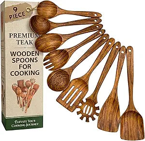Teak Wooden Utensil Set (9-Piece)  Teak Cooking Utensils for Nonstick Cookware, Teak Wooden Spoons for Cooking & Spatula - Natural Wood Kitchen Utensils by Crafted Path