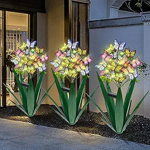 Homight Solar Metal Agave Butterfly Flower Stick Garden Sculpture - Outdoor Christmas Lights With Swaying Butterfly Sunflower - Solar Outdoor Gift (3 PCS Green)