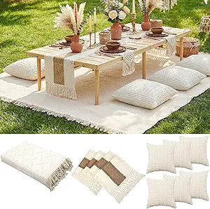 Beeveer Extra Large Outdoor Boho Picnic Blanket 91'' x 71'' Cream White Table Runner 6 Throw Pillow Cover Woven Cotton Yarn Oversize Beach Blanket Washable for Picnic Camp Wedding