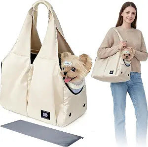 Dog Purse Carrier for Small Dogs Cats & Puppies, Soft-Sided Collapsible Pet Bag with 4 Large Pockets & Support Cushion, Breathable Lightweight Travel Carrier Fits Pets up to 13 lbs, Beige