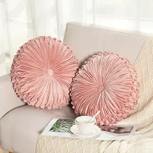 Round Throw Pillow Set of 2  Decorative Velvet Ruched Pumpkin Pillows with Button Center, Soft Handmade Cushions for Couch Sofa Bed Farmhouse Vintage Rustic Decor, 14.5" R, Pink