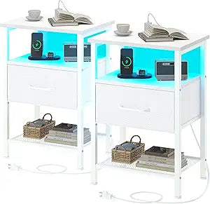 TRIFEBLE Night Stand Set 2, End Table with Charging Station, LED Bedside Table with Fabric Drawer for Bedroom, 3-Tier Side Table with Open Shelf, White