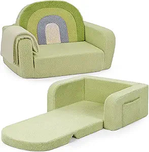 Foryoomi Kids Couch, 2-in-1 Soft Toddler Couch Fold Out with Blanket, Comfy Toddler Chair, Convertible Sofa, Gifts for Kids Girl Boys, Medium Green Rainbow