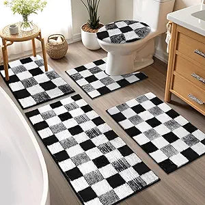 Yamaziot Checkered Bathroom Rug Sets 5 Piece, Non-Slip Ultra Absorbent Microfiber Bath Mats, Machine Washable Plush Shag Ultra Soft Bath Rug for Bathroom, Shower, Black