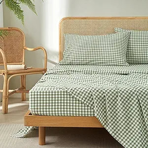 LifeTB Green Gingham Sheets Set Queen Size, 4 Piece Breathable Green Plaid Bed Sheets with 16" Deep Pocket, 100% Washed Cotton Vintage Grid Bedding Sheets, Soft Gingham Bedding Farmhouse Sheets Set