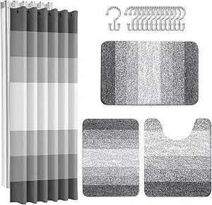 Britimes Grey Stripes Bathroom Sets with Shower Curtain and Rugs, Ombre Modern Minimalist Striped Waterproof Shower Curtain Liner and Soft Non Slip Bath Mat for Bathroom Decor and Accessories Hooks