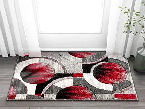 Well Woven Ruby Geometric 2x3 Mat Red & Grey Vibrant Modern Contemporary Hand Carved Sunburst Design Perfect for Entryways & Small Spaces Plush Easy-Care Easy-to-Clean