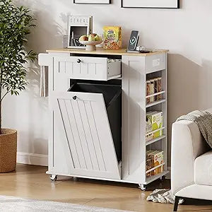 35" Kitchen Island with Trash Cabinet, Portable Rolling Cart with Power Outlet, Storage Drawer, 6-Tier Spice Rack, 4 Locking Casters for Kitchen Dining Living Room, White