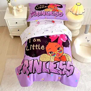 4 Piece Toddler Bedding Set for Girls,Toddler Black Girl Magic Comforter Set,Black Princess Toddler Bed Comforter Set Includes Comforter, Flat Sheet,Fitted Sheet,Pillowcase