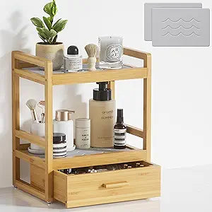 Bamboo Bathroom Organizer Countertop, 2 Tier Vanity Organizers and Storage with Drawer for Skincare & Makeup, Counter Shelf with Stone Drying Mat for Coffee Bar, Kitchen, Matcha Station