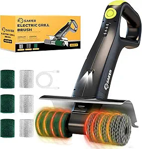Saker Electric Grill Brush, 450 RPM Automatic BBQ Cleaning Tool with LED Light & 3 Interchangeable Heads  Cordless, Bristle-Free Grill Scrubber for Outdoor Cooking Accessories