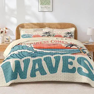 Pamnest 7 Pcs Quilt Set Queen Size, Beach Ocean Wave Soft Bed Cover Bedding Set for Kids and Adults, Palm Sunset Retro Bedspread with Fitted Sheet 2 Pillowcases & 2 Shams for All Season
