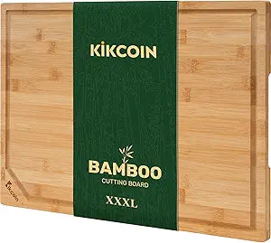 Kikcoin 2418 Bamboo Cutting Boards for Kitchen, Wooden Healthy Cutting Boards for Charcuterie, Vegetables, Cheese, Bread, Extra Large Chopping Boards with Deep Juice Groove and Handle, Natural