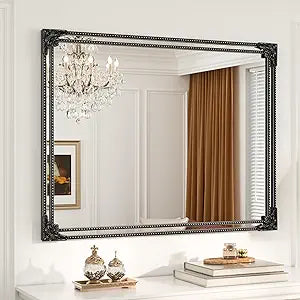 Keonjin Black Vintage Mirror 40 x 30 Inch, Antique Mirrors Rectangle, Traditional Mantel Decoration, Baroque Style Wall Decor for Hallway, Fireplace, Entryway, Living Room, Anti-Rust, Waterproof