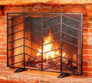 Fire Beauty Single Panel Handcrafted Wrought Iron Mesh Chevron Fireplace Screen, Fire Spark Guard for Living Room, Bedroom Decor(Black)