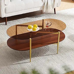 Oval Glass Coffee Table, Mid-Century Modern Design, L42*W22*H17 inch, for Living Room, Amber Glass Top and Walnut Finish Wood Shelf, Conical Metal Legs with Gold Finish