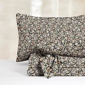 Wake In Cloud - Floral Bed Sheets, 4-Piece Sheet Set, Shabby Chic Flower Pattern Printed Country Coquette Cottage Aesthetic Bedding, Deep Pocket, Black, King Size