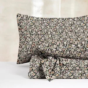 Wake In Cloud - Floral Bed Sheets, 4-Piece Sheet Set, Shabby Chic Flower Pattern Printed Country Coquette Cottage Aesthetic Bedding, Deep Pocket, Black, King Size
