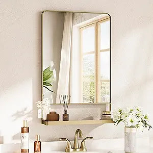 TETOTE Gold 18x28 Inch Wall Mirror with Shelf for Wall, Rounded Rectangle Door Mirror, Metal Framed, Gold Bathroom Vanity Mirror, Bathroom Mirror for Farmhouse, Living Room, Bedroom,Entryway