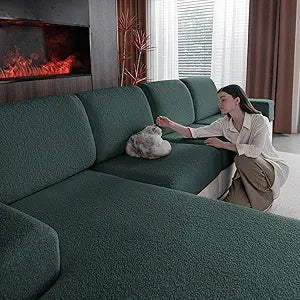 OHSIO Couch Cushion Covers for Sectional Sofa, Stretch Soft Sofa Slipcovers Washable Wear-Resistant Universal Furniture Protector for Living Room(3 Seaters Covers, Green)