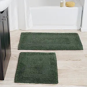 Bathroom Rugs - 2-Piece Cotton Bathroom Mat Set - Machine Washable Bath Mats for Bathroom, Kitchen, or Laundry Room by Lavish Home (Green)