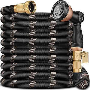 Garden Hose 50FT, Lightweight Non-Expanding Water Hose with Heavy Duty 96-Layer Woven and 3/4" Brass Fittings, 5/8" Kink Free Hoses /w10 Function Nozzle for Yard Lawn Outdoor Car Wash(BlackGold)