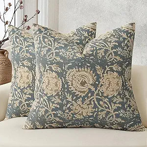 Vintage Floral Print Throw Pillow Covers 26x26 Set of 2 Neutral Modern Farmhouse Accent Decorative Cushion Covers Boho Home Decor for Couch Sofa Chair Bed Living Room, Dusty Blue
