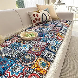 Non Slip Couch Cover for Dogs, Washable Pet Sofa Cover for 3 Cushion Couch, Boho Style Slipcover, Pet Friendly Furniture Protector (Blue, 27.6 x 59 in)