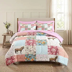 Pamnest Comforter Set Twin Size, Horse Animal Pink 5 Pcs Bedding for Kids and Adults, Country Farmhouse Bed Sheet Sets with Fitted Sheet Pillowcase & Sham for Bedroom Bed Decor