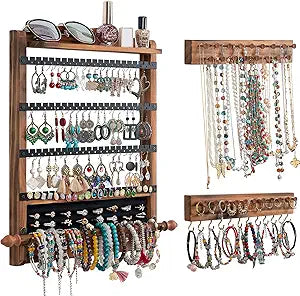 3Pcs Jewelry Organizers and Storage,Wood Earring Organizer,Hanging Jewelry Organizer,Rustic Wall Jewellery Organizer,Wall Mounted Earring Holder for Storage Display Gift (Brown+Black)