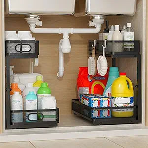 Under Sink Organizer 2 Pack, 2-Tier Slide Out Cabinet Organizer with Metal Sliding Drawer and Hooks, Pull Out Storage Baskets for Kitchen Bathroom Pantry Cabinet Organization (black)