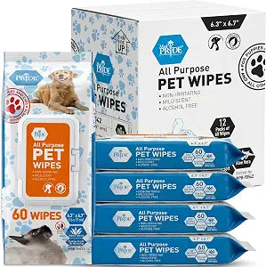 MED PRIDE Hypoallergenic Cat Wipes for Bathing and Cleaning with Aloe Vera Alcohol and Paraben-Free Extra Soft Cat Cleaning Wipes for Fur (12 Packs of 60)