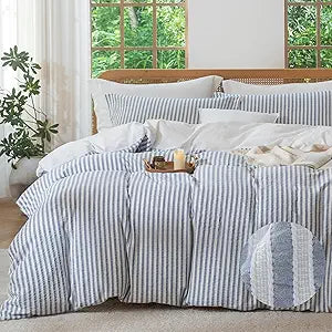 MILDLY Blue Striped Duvet Cover - 100% Washed Cotton Boho Jacquard Textured Comforter Cover Set 3pcs with Dual Zipper Closure & 8 Corner Ties Soft & Lightweight for All Season 90"x90"