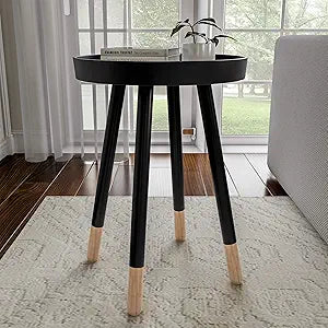 Lavish Home Round End Table  2-Tone Wooden Mid-Century Modern Stand with Tray Top to Hold Drinks or Display Dcor  Accent Table or Nightstand (Black)