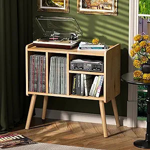 Record Player Table, Mid-Century Record Player Stand with Vinyl Storage Hold Up to 150+ Albums, Vinyl Record Cabinet with Adjustable Shelves, Wood Turntable Stand for Music Living Room (Nature)
