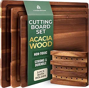 Acacia Wood Cutting Board Set of 3 with Holder, Juice Grooves & Built-in Handles - Durable, Wooden Cutting Boards for Kitchen, Perfect for Chopping, Food Prep and Serving as a Charcuterie