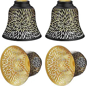 Lampshade 4 Pack, ALUCSET Pendant Light Shades, Ceiling Fan Replacements Light Shade with 2.28" Fitter, 5.12" High 6" Diameter,Metal Daisy Etched Light Covers for Chandelier,Wall Sconces,Black Gold