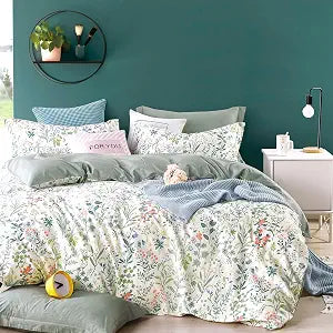 LEMIROE Floral Cotton Comforter Twin Size - Botanical Wildflower Pattern with Soft Pestel Accents on White, Textured Dusty Green Back, 2PC Lightweight Bedding Set with Down Alternative Fill(68"90")