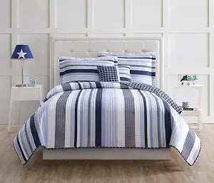 My World Mason Stripe Blue and White Polyester 3-Piece Twin Quilt Set, Stripe Themed, for Kids, OEKO-TEX Certified